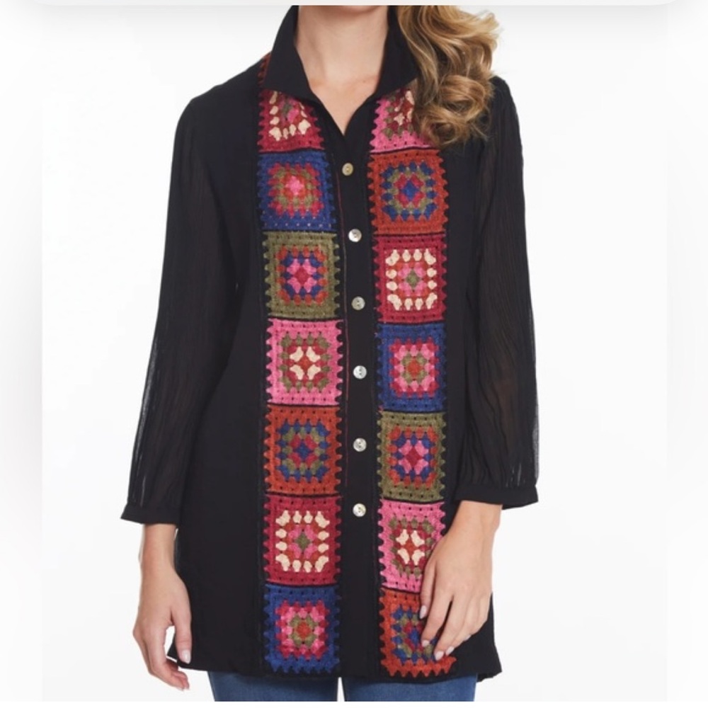 John Mark Carnival Women’s Size S Tunic Top Crochet Boho Art To Wear  NWT $129